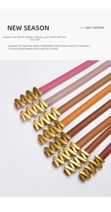 Detail of colorful leather skinny belts for women featuring gold wavy buckle and fine stitching