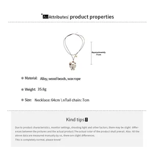 Detailed specs for retro wax cord necklace with wood beads and butterfly pendant