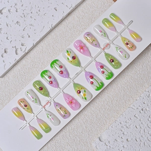 Almond-shaped press-on nails with 3D strawberry, ladybug, and daisy floral designs