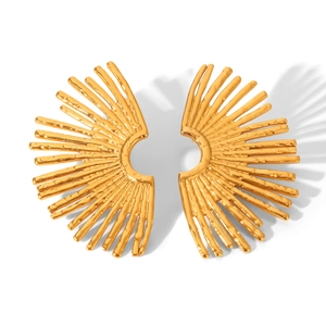 Detailed view of 18k gold plated hollow fan-shaped earrings with irregular texture