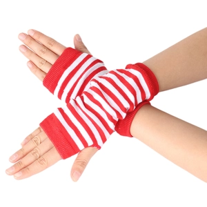 Close-up of red and white striped knitted fingerless gloves for kids' cosplay outfits
