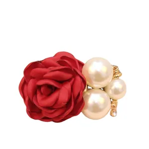 Elegant red rose hair tie with white pearls and sparkling rhinestone details