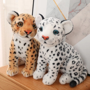 Realistic sitting snow leopard and leopard plush toys with soft fur and glass eyes
