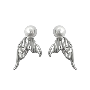 French style fishtail pearl earrings with silver finish and heart shaped zircon detail