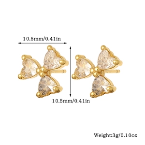 Detail showing gold butterfly stud earrings with zircon heart gems and 10.5mm size specs