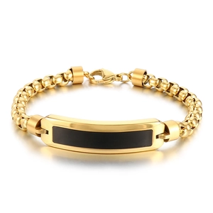 Hip hop style gold stainless steel square pearl bracelet with black rectangular plate