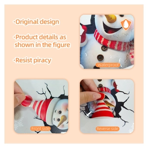 Detail of waterproof snowman Christmas window decals showing double-sided printing and original design