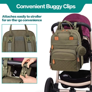 Detail of convenient buggy clips on the olive green multifunctional diaper backpack
