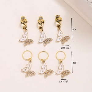 6pcs set of golden spiral hair cuffs and rings with white butterfly rhinestone pendants