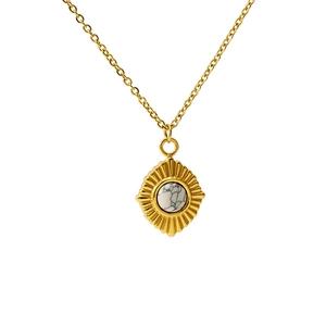 French vintage 18K gold stainless steel necklace with sunburst marble pendant