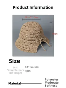 Detaillierte Größentabelle und Materialangaben für den beigen Strick-Sonnenhut