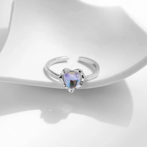 Minimalist S925 sterling silver heart moonstone open ring on white ceramic tray