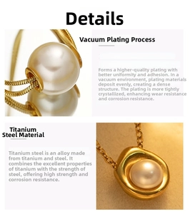 Detail of vacuum plated titanium steel jewelry set with white pearl pendant and ring
