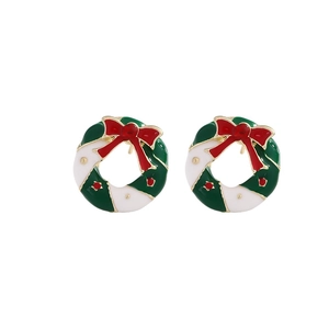 Christmas wreath stud earrings with red bow and green enamel in gold plating