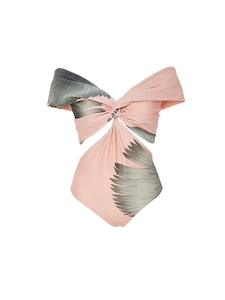 Pink one-piece swimsuit with knot detail, waist cutout and grey feather print design