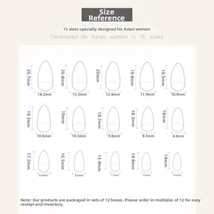 Detailed size chart showing 15 width and length measurements for press on nails