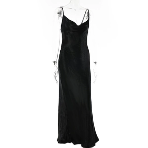 Detailed close-up of a black satin slip dress with a cowl neck and elegant open back design