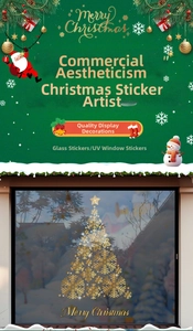 Detail of UV printed gold snowflake Christmas tree window sticker for festive glass decor