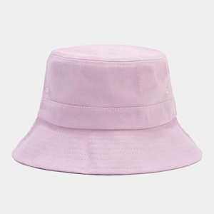 Detail of light purple cotton bucket hat showing reinforced stitching and metal eyelets