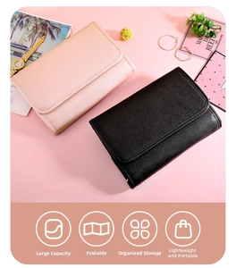 Folded textured PU leather jewelry storage organizers in pink and black with accessories