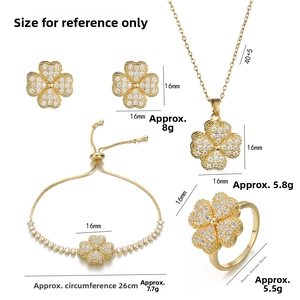 Detail of four-leaf clover jewelry set with micro-pave cubic zirconia and golden finish