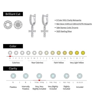 S925 sterling silver cross earrings with 0.03Ct D color moissanite stones on white background