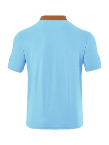 Close-up back view of men's sky blue textured knit polo shirt with brown collar