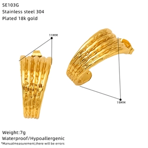 Detail view of 18k gold plated stainless steel textured C-shaped earrings with dimensions