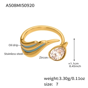 Detail view of gold stainless steel ring with light blue oil drip and zircon inlay specs