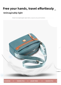 Detail of blue nylon crossbody bag featuring wide branded strap and light feather accents