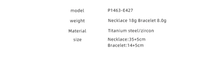 Detailed product size and weight chart for titanium steel zircon necklace and bracelet set