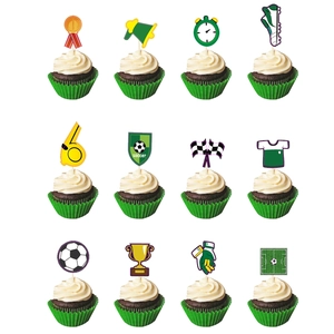 Set of 12 soccer themed cupcake toppers with trophy and ball designs for football parties