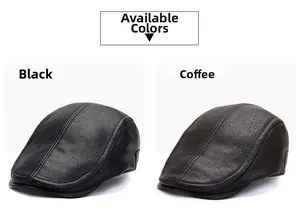 Detail view of men's leather flat caps showing black and dark coffee color options
