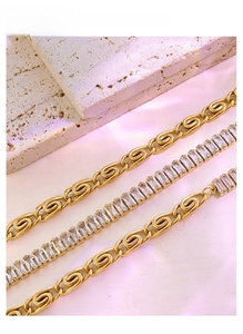 Detailed view of 18K gold plated chain and white rectangle zircon link necklace set