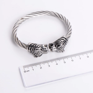 Punk 304 stainless steel twisted wire bracelet featuring dual tiger head motifs in silver