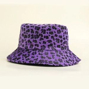 Vintage purple leopard print bucket hat made of soft faux fur for women's autumn travel