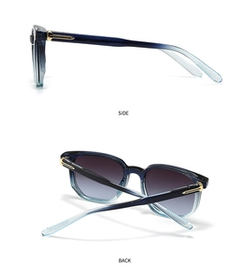 Side and back view of square sunglasses with blue frames and gold T-hinge accents