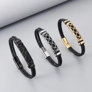 Men Braided Leather Bracelet Layered Stainless Steel Hollow Grid Pattern Magnetic Buckle Trendy Jewelry For Him