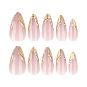 3D gold foil almond press-on nails with nude pink base and metallic gold lines