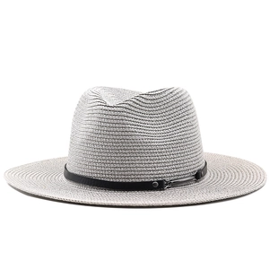Classic silver-gray straw fedora hat with a black leather band and metal buckle detail