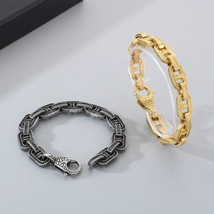 Retro Punk Chain Bracelet Men Stainless Steel Geometric Textured Engraved Industrial Style Pig Nose Link