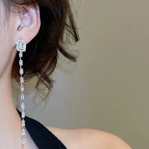 Detail of silver tassel earrings with square cubic zirconia stones worn by a model
