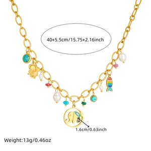 Gold elephant and fish pendant necklace with pearls and colorful enamel charms