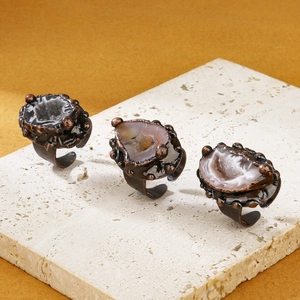 Vintage Natural Agate Geode Druzy Crystal Ring Adjustable Bohemian Statement Copper Jewelry For Women