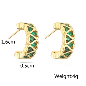 Detailed size specifications for heart shaped gold earrings with green zircon stones