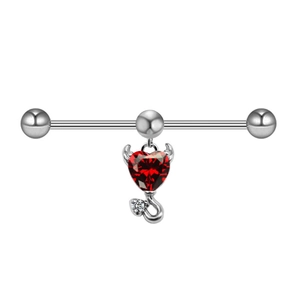 Devil heart stainless steel cartilage barbell earring with red zircon and white stones