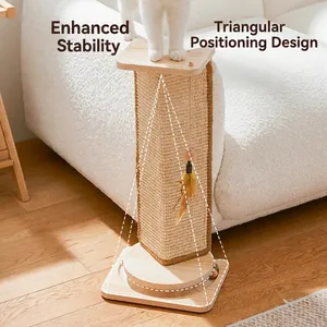 Vertical triangular sisal cat scratching post with solid wood base and interactive ball toy