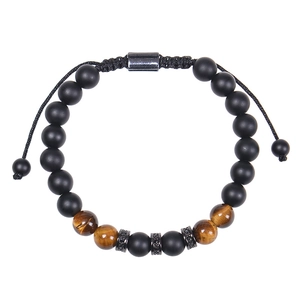 Detailed view of woven tiger eye beaded bracelet with matte black stones and adjustable cord