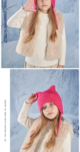 Detailed knit of winter rose red cat ear hat with earflaps and warm faux fur vest