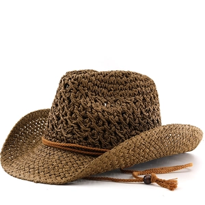 Brown western straw cowboy hat with hollow weave pattern and wooden bead tassel decor